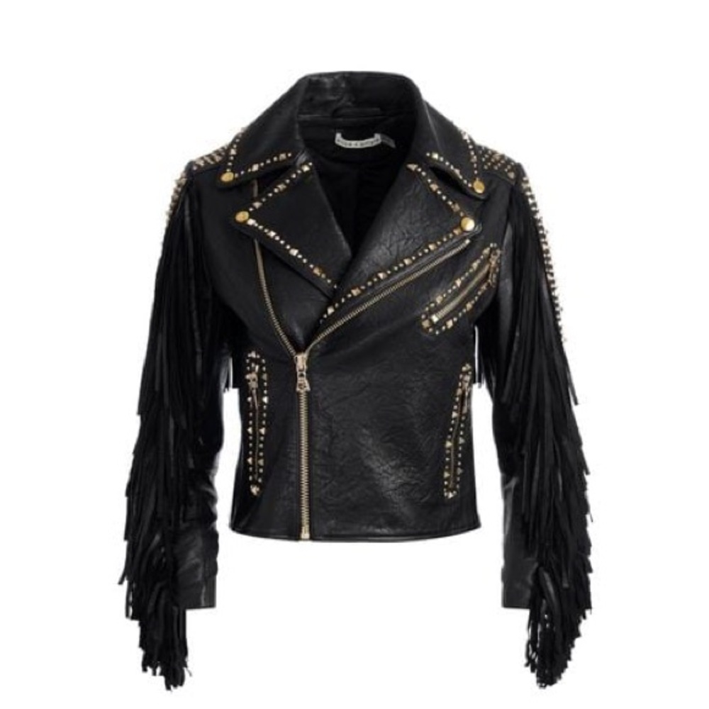 Alice + Olivia Black Fringe Leather Jacket
